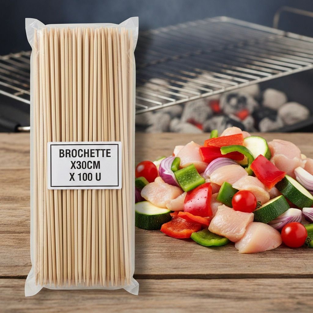 Palillos para Brochette de Madera 30 cm - Pack x 100 Unidades Pack de 100 palillos de madera para brochette de 30 cm de largo sobre mesa de madera.