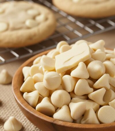 Chips de chocolate blanco en un bol de madera junto a galletas recién horneadas.