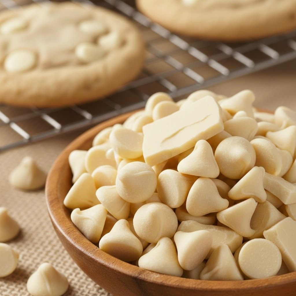 gotitas blancas Chips de chocolate blanco en un bol de madera junto a galletas recién horneadas.