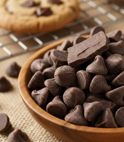 Chips de chocolate negro semiamargo en un bol de madera junto a galletas recién horneadas.