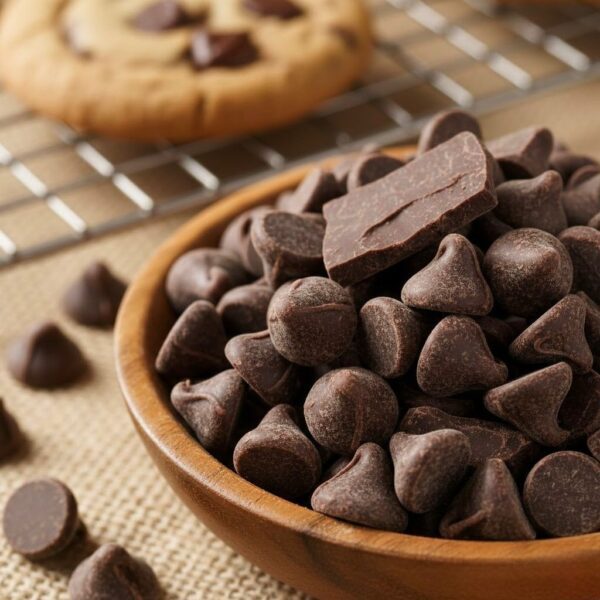 Chips de chocolate negro semiamargo en un bol de madera junto a galletas recién horneadas.