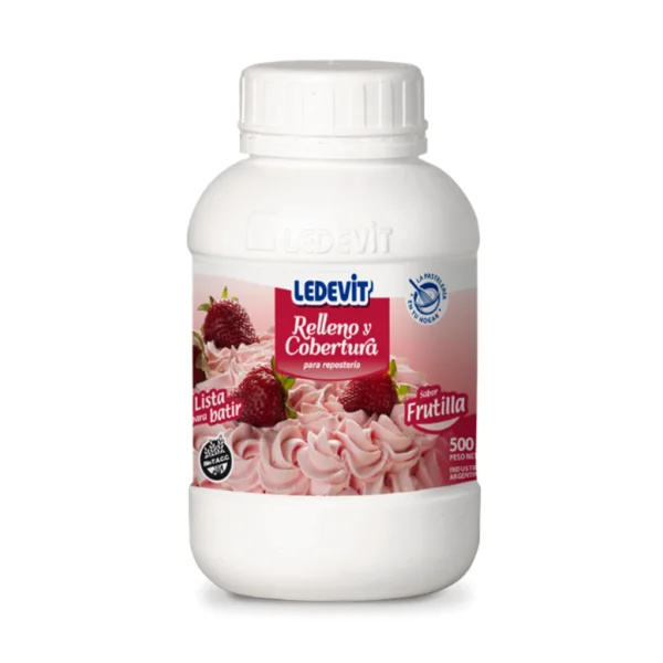 CREMA PARA RELLENO Y COBERTURA  SABOR FRUTILLA X 500GR